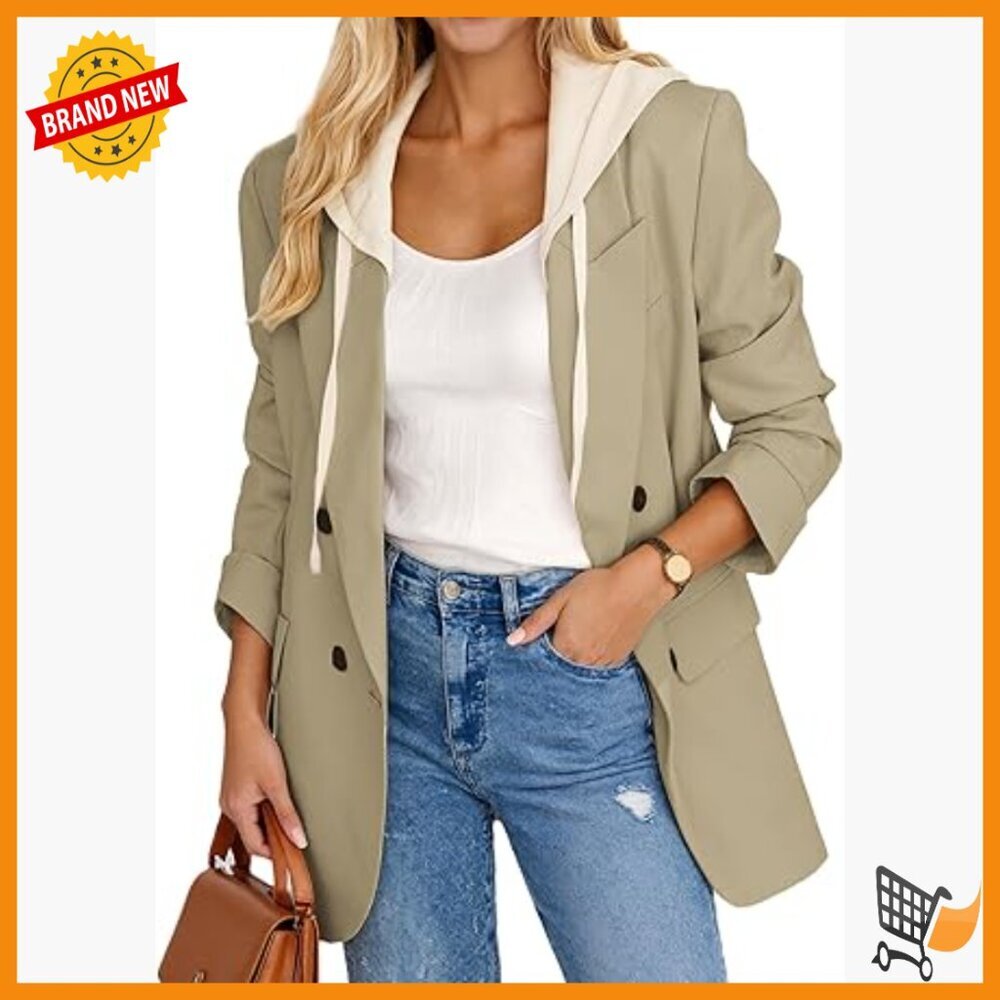 Oversized Hooded Blazer Jacket Double Breasted Work Office Casual